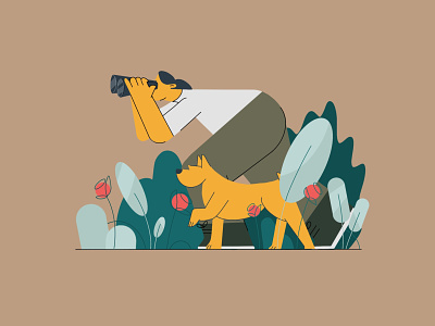 Discovering nature bushes character discovery dog flat forest free time friend hero illustration nature plants puupy search
