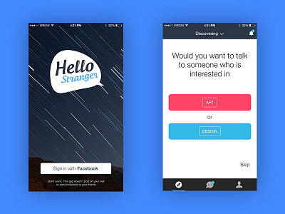 Login and Discover Screens of Hello Stranger App