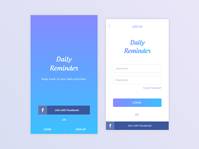 Welcome/Login screens of Reminder App