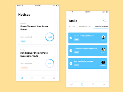 Notices and Tasks app app cards colors flat ios ios interface progress shadows tasks user experience user interface white
