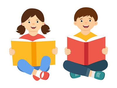 Happy cute kids holding open books and reading. books flat illustration kids reading