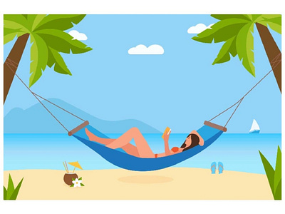 Woman reading book in hammock at seacoast. beach flat hammock illustration relax summer vector