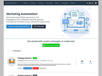 Marketing Automation dashboard mobile repair pos ui ux web