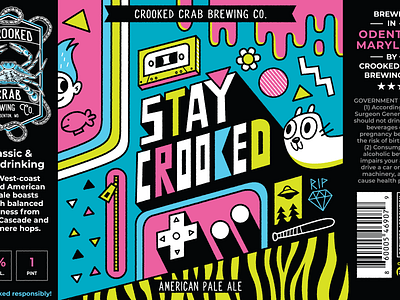 Stay Crooked Beer Can Art 80s 90s beer branding bright colors can casette design fun illustration label nintendo rad retro slime tape troll vector vibrant x files