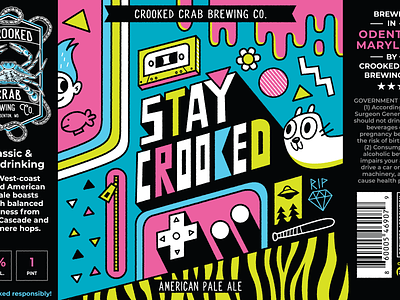 Stay Crooked Beer Can Art 80s 90s beer branding bright colors can casette design fun illustration label nintendo rad retro slime tape troll vector vibrant x files