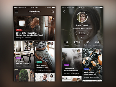 Newstone Application. Main and Profile screens. app avatar blog graph ios news ossmium photos profile social ui ux