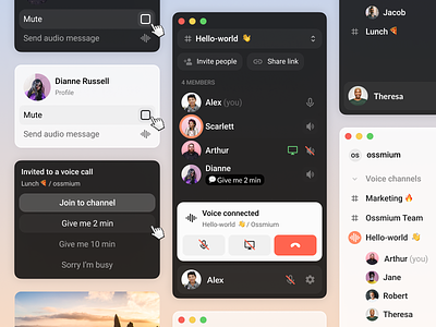 Voice Remote Communication Tool | Dark Version app application call chat communication app components dark ui desktop app group chat interface product profile remote service tool ui ux voice voice call