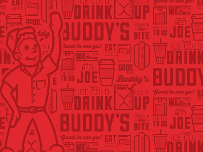 Buddy's brand buddys character chips coffee fountain drink gas station hotdogs icons illustration type vector