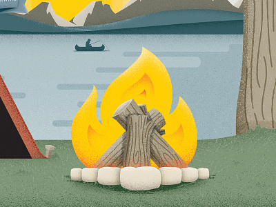 Campsite Illustration bonfire camp campfire camping canoe design fire fishing flame grunge illustration lake logs mountains tent tree vector water