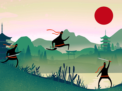 Ninja video game background art green hills japan japanese ninja red sun video game video game art