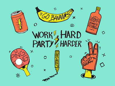 Work hard Party Harder fun illustration party pingpong pow sideproject work