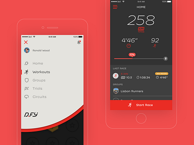 D.fy Run app app defy ios menu progress race red run runner sidebar ui ux
