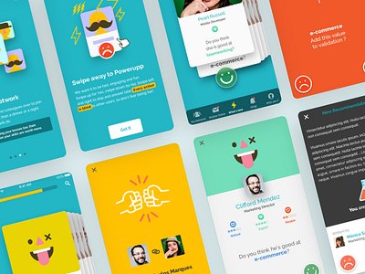 Powerupp Branding + UX/UI app cards colorful emoji illustration job mobile profile social swipe ui ux