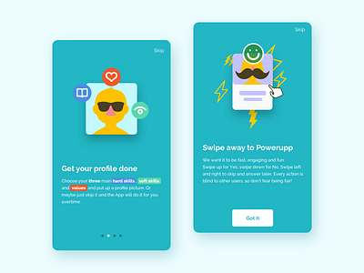 Powerupp app - The Walkthrough android app card colourful illustration interaction iphone jobs onboarding ui ux walkthrough