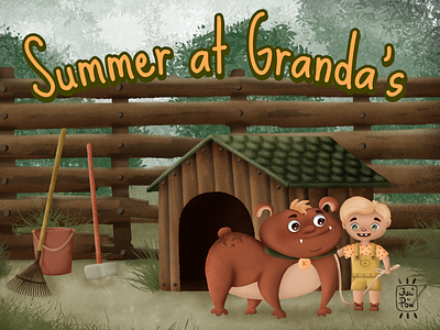 Summer ar Grandma’s boy character design dog green greeting card illustration kids summer village