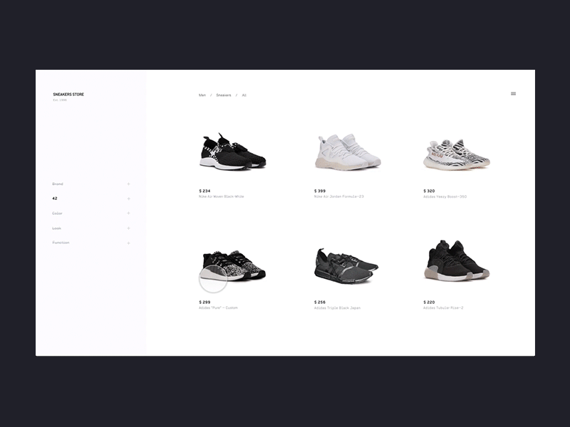 Sneakers Webshop — Desktop Motion Concept animation dark gif light motion principle typography ui web web shop