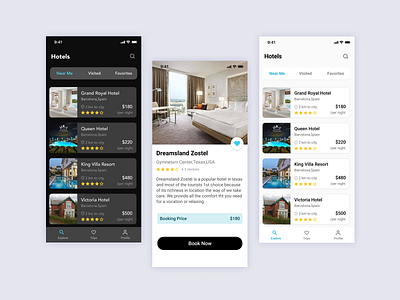 Hotel Booking App card dark dark ui flat hotels light minimal