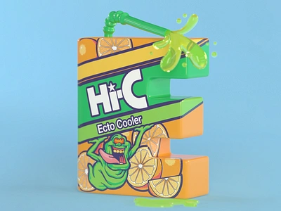 E is for Ecto Cooler 36daysoftype 3d 3d illustration 3d type 90s beverage c4d cinema 4d ectocooler hi c juice juicebox kids illustration lettering nostalgia retro slimer typography