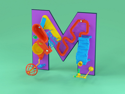 M is for Mouse Trap 36daysoftype 3d 3d type 80s 90s advertising c4d cinema 4d design editorial lettering mechanicaltoys mouse trap nostalgic plastic retro rube goldberg toy design toys typography