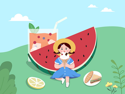 Summer with watermelon and ice cream/夏日清凉 bread character cool drink enjoy flower gif ice cream illustration lemon life plants sandwich ui watermelon