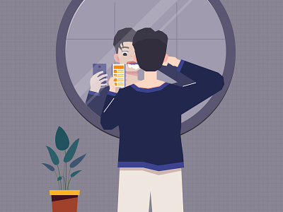 The morning wash brush the teeth character daily life illustration man mirror plant telephone