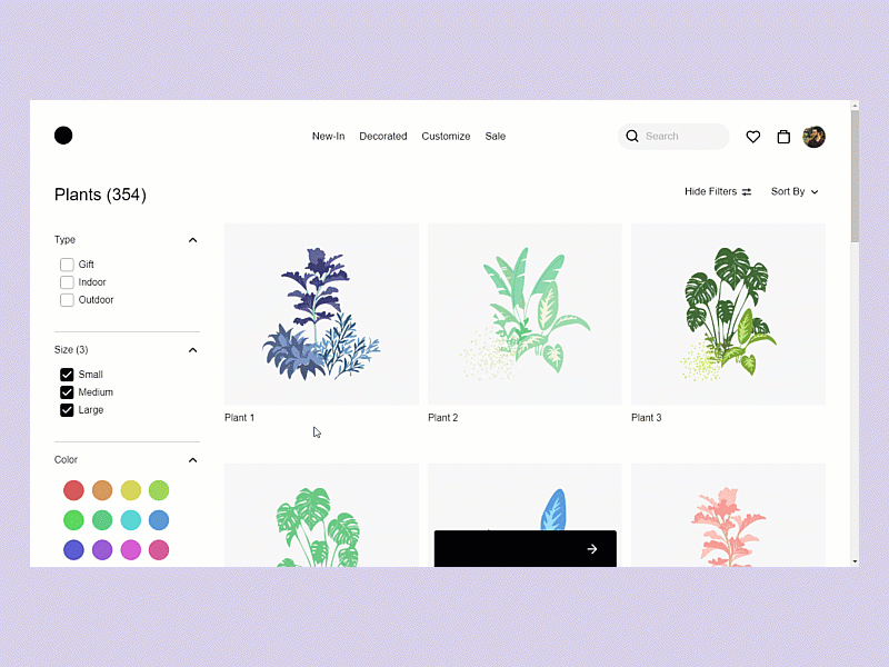 Plants Shopping UIX animation app clean codepen concept creative design ecommerce flat github illustration minimal mobile modern plants typography ui ux vector web