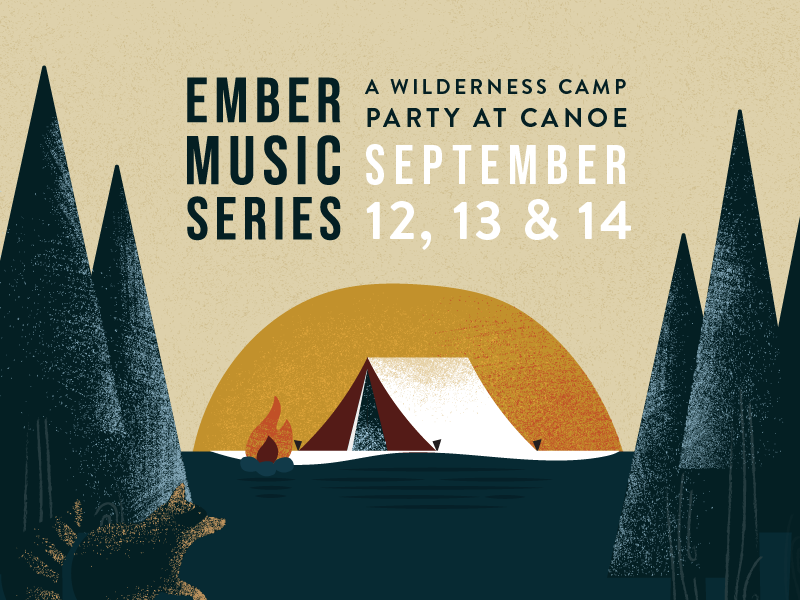 Ember Music Series illustrator event music raccoon tent trees texture pnw rustic forest camp illustration