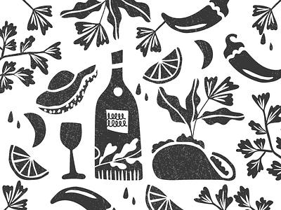Tequila & Tacos - Illustration avocado illustration jalepeno limes linocut mexican plants poster tacos tequila texture vector