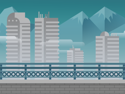 Cityscape brick buildings clouds illustration mountains office towers vector