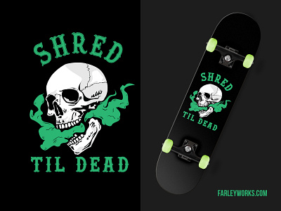 Shred 'Til Dead available brand branding design custom design forsale illustration logo shred skateboard skull typography vector