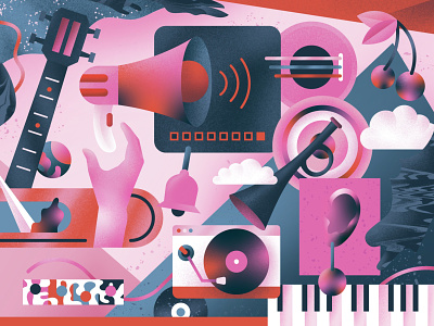 The Sound 🎼 colorful digitalart editorial editorial illustration gradient grain illustration illustrator instrument magazine music piano procreate sound trumpet vector