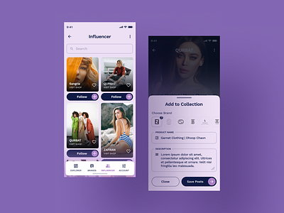 Influencers/Users & Add to Collection Page UI UX Design app design