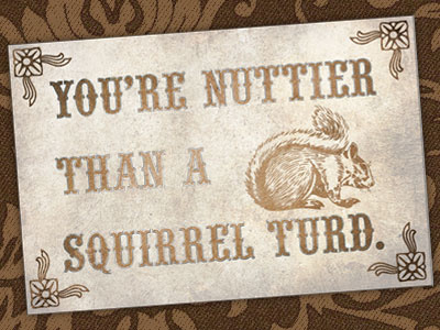 Squirrel Turds brown nutty postcard rebound squirrel wood type