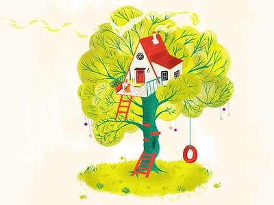 treehouse and a cat illustration