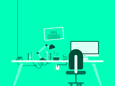 Work. Work. Work. chair computer desk desk lamp flat green hues illustration mug outlet work workspace