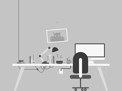 Gray Scale Illustration Exploration books chair desk electric grayscale illustration lamp picture process workspace