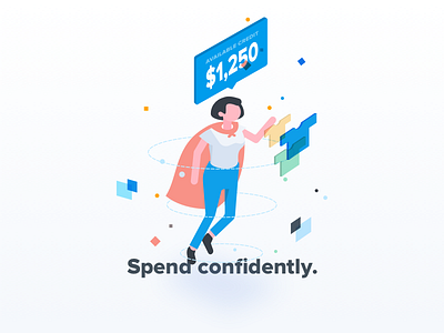 Spend confidently. credit finance hero isometric onboarding particles shopping spend super hero