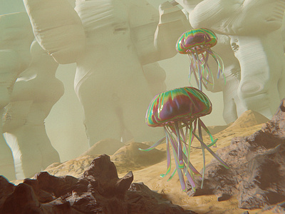 Aguamala 3d 3d illustration blender cycles desert illustration iridescent jellyfish krita sculpt