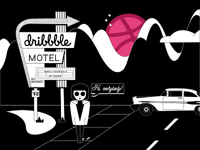 Hello Dribbble! blackandwhite cartoon cartoon character cartoon illustration debut debut shot flat hello dribbble hellodribbble illustration motel mountains