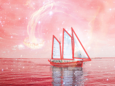 CoverArt_ Digital Collage _ Life Beyond the Sea cover art cover artwork cover design covers illustration label design neon colors neon red ocean postcard poster a day poster art poster design sailboat sailing sea surreal surrealism viking