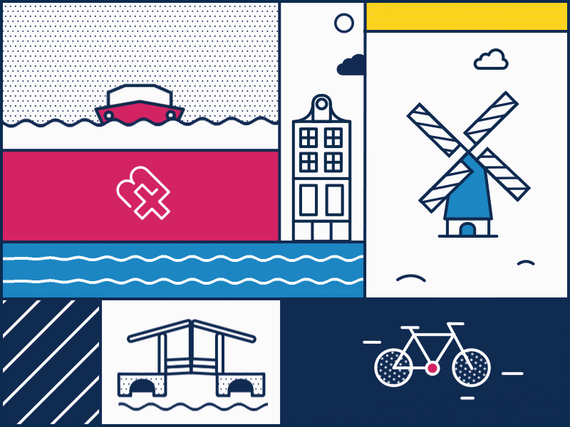 Hello Dribbble! amsterdam animation 2d bicycles boat design dribbble firstshot flatdesign grid hello illustration mobiquity tulip vector windmill