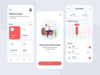 Smart Home App - UI Design app clean clean ui daily design flat illustration flatdesign illustration mobile mobile app design red smart home smarthome ui ui design uiux ux