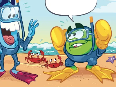 Mish and Mash at the beach beach chickadee crabs illustration kids magazine mish mash starfish