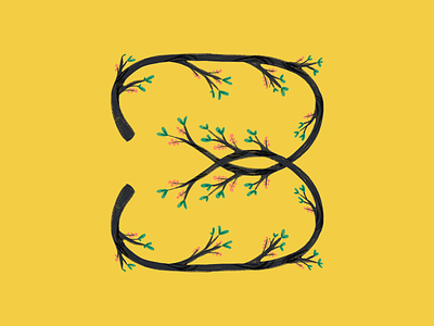 36 Days of Type, day 30: 3 3 36daysoftype 36daysoftype07 number 3 procreate symmetry three twigs yellow