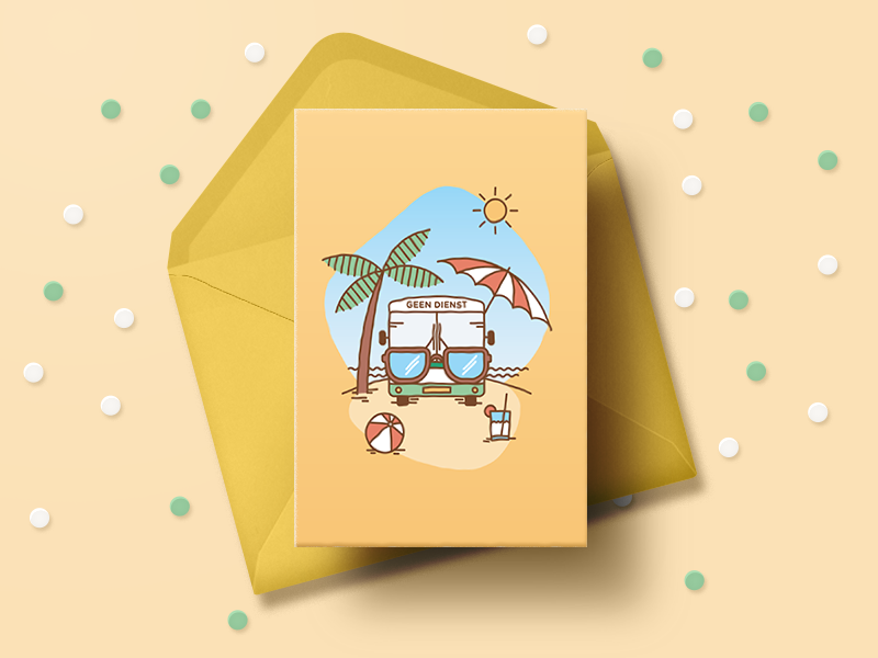 "Happy Summer!" card for busdrivers card holiday card greeting card summer vacation summer holiday relax warm beach palmtrees palmtree stationery sun yellow illustration sunglasses arriva bus busdriver busdrivers