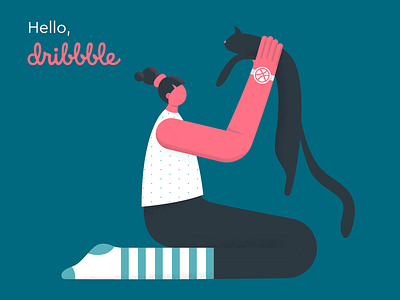 Hello, dribbble! cat debut debut shot firstshot flat girl hello hello dribbble illustration pet shot vector art