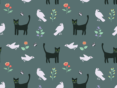 Cats and pigeons black cats decorative design floral pattern seamless simple surface design texture