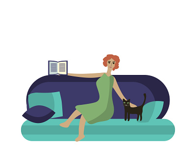 Girl relaxing at home book cat cushion girl home illustration room simple sofa woman