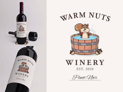 Wine Bottle Label Design for Warm Nuts Winery 🍷🐿️ acorns bottle design designer digital designer graphic design hot tub illustration label label design nuts packaging pinot noir squirrel typography vector warm wine wine bottle winery