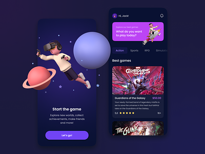 Game Store 3d app dark darktheme design game games gamestore illustration iphone marketplace mobile pink purple ui